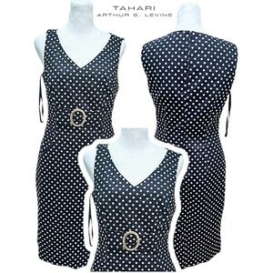 TAHARI Size 4 Poka dotted Fitted knee-length dress w/ Round Gold detail